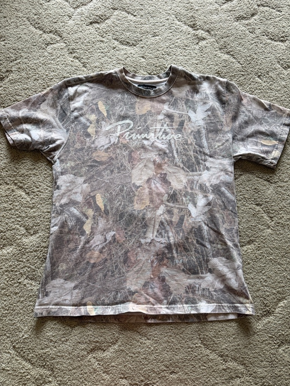 Primitive Camo Script Logo Tee in Brown & Green